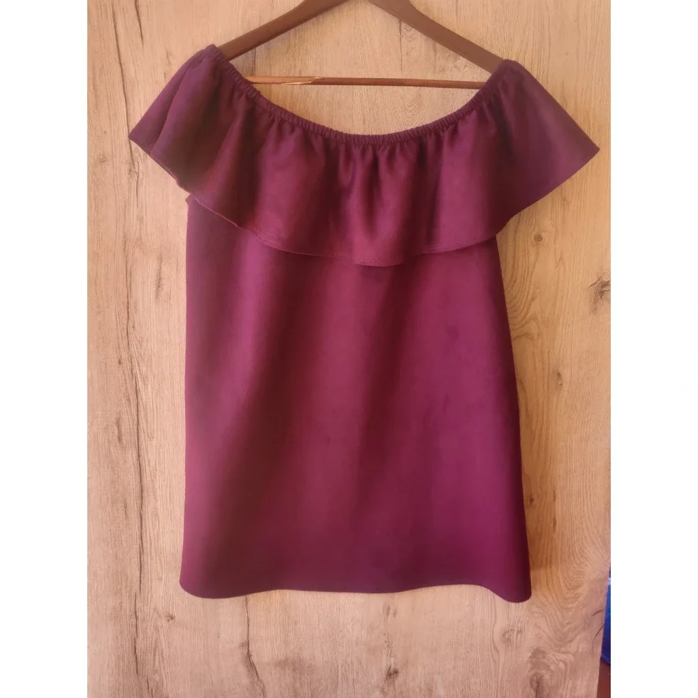 Karlie Burgundy Off The Shoulder faux suede Ruffle Top Plum Wine Textured Womens
